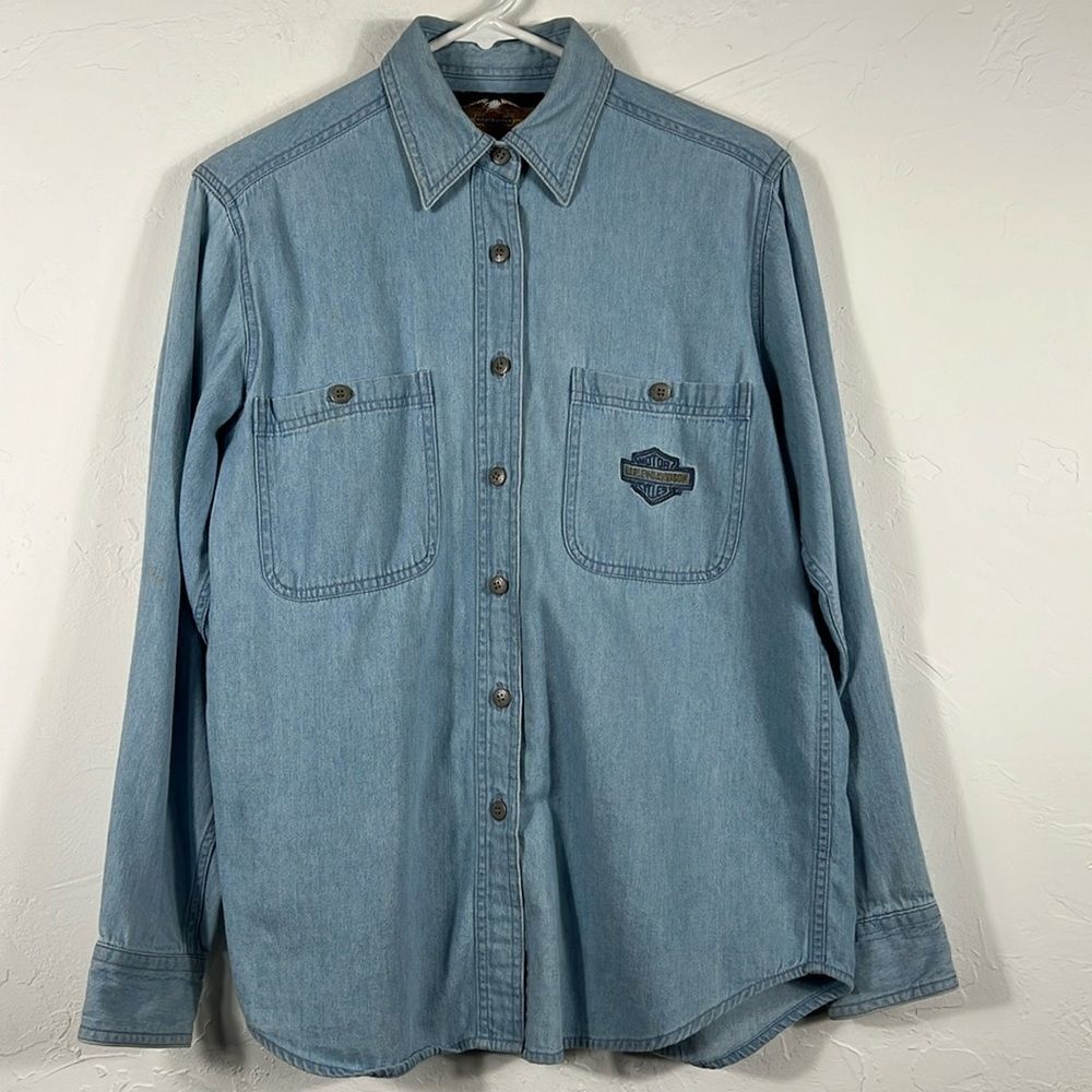 🔥Vintage HARLEY-DAVIDSON Blue Denim LS Embroidered Button Down Shirt Women Sz M